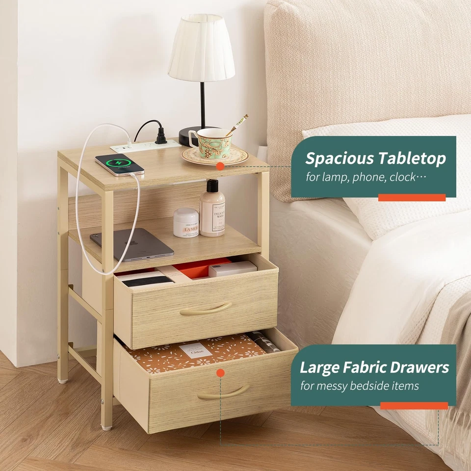 Nightstand with Charging Station, Small Night Stand with Fabric Drawers and S... - Image 4 of 4