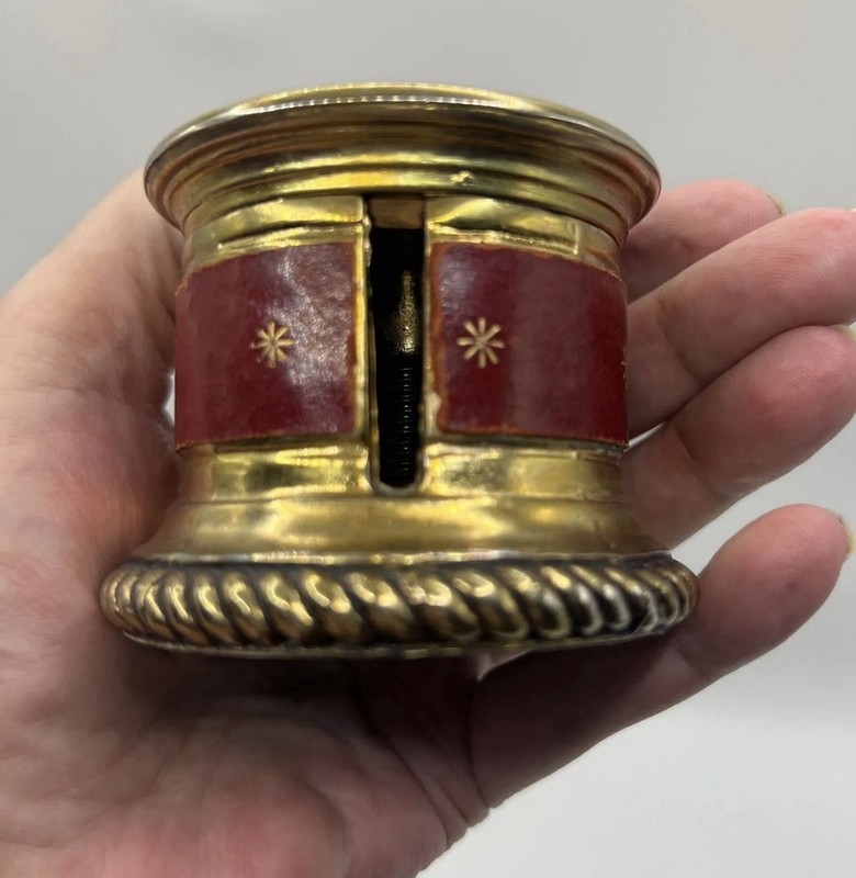 Vintage Old Crest USA Brass & Red Leather Roll Postage Stamp Dispenser 