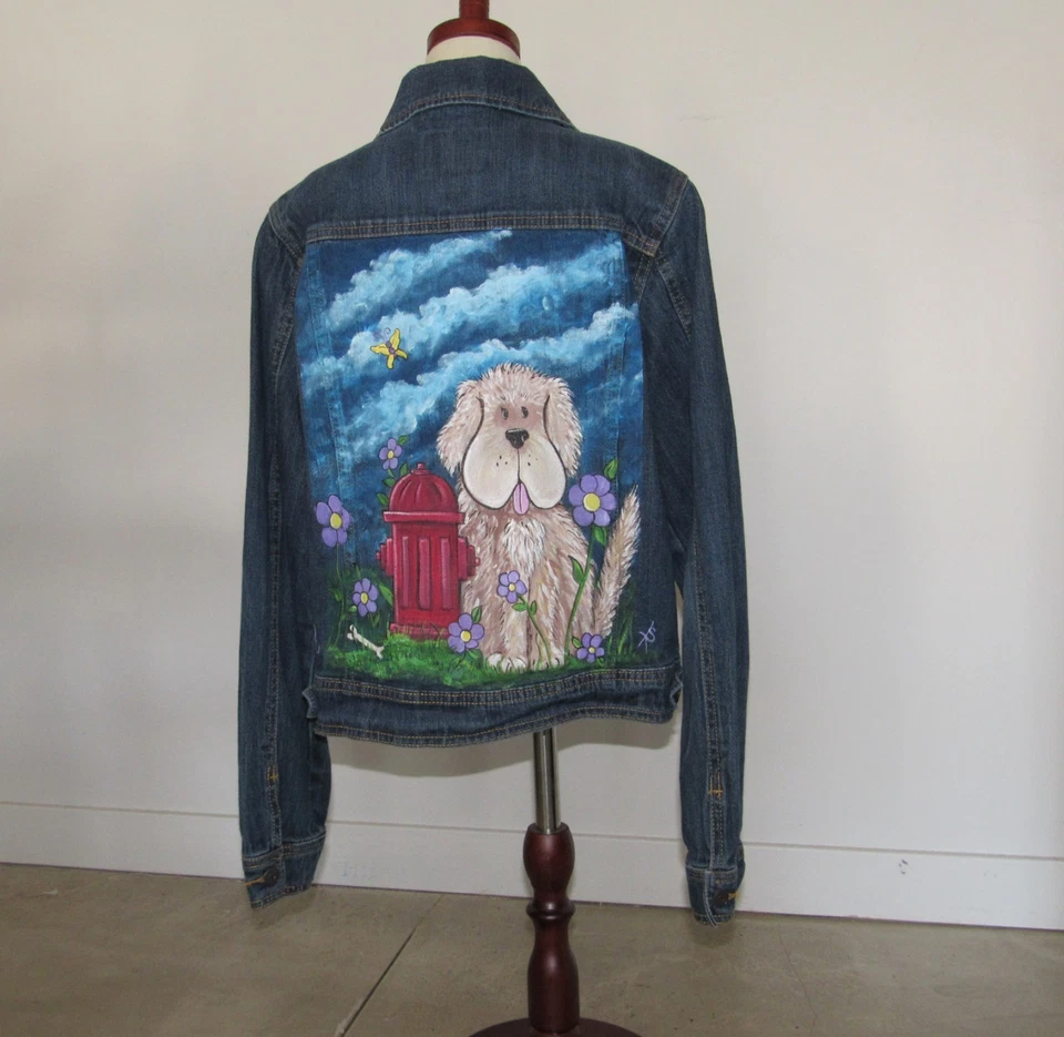 Chaqueta de mezclilla Floppy Dog pintada a mano para niña talla XL 14/16 arte único Foto 3 de 4