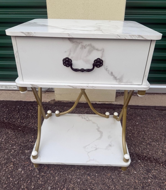 Marble-Pattern White Nightstand w/ Gold Tone Metal Frame, 1 Drawer Storage