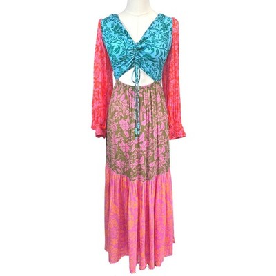 Farm Rio Maxi Dress Multi-Color Floral Print Cutout Ruched Boho Women Size M
