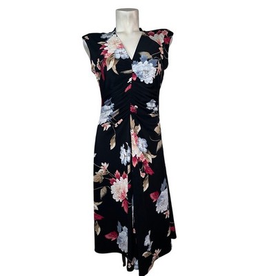 White House Black Market Black Floral Ruched V-Neck Midi Dress Petite Medium MP