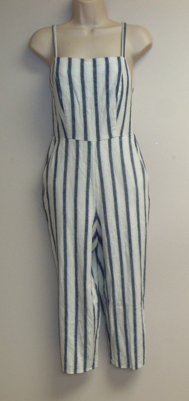 Women's OLD NAVY SL Cami Blue White Striped Linen Blend Overall Jumpsuit Size S