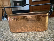 Copper Oblong Cache Pot  Jardiniere w black wrought iron handle & rivets