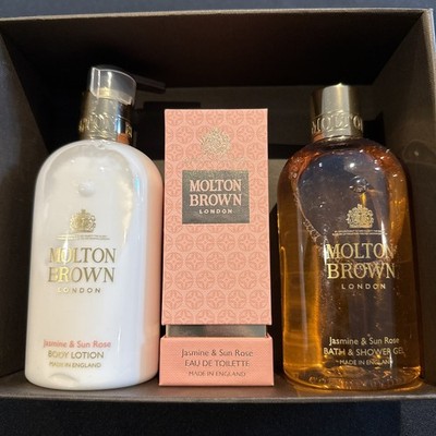 Molton Brown Jasmine & Sun Rose Perfume 1.7 oz, lotion, Shower Gel box set NOB