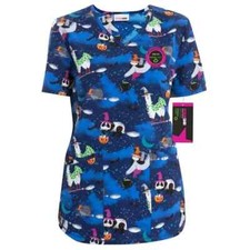 Scrubstar Women's Halloween Creatures V-Neck Print Scrub Top Medium NWT