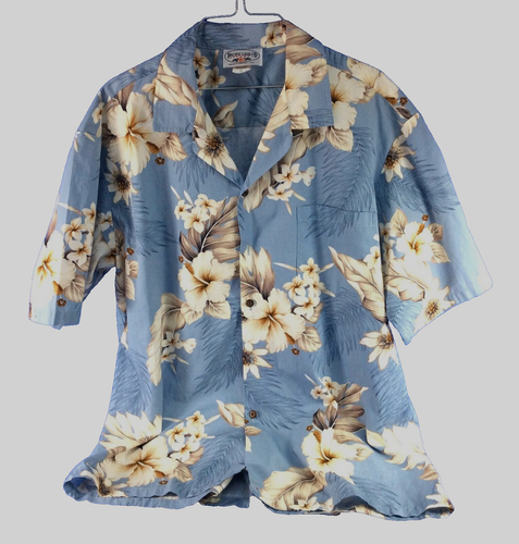 Vintage Pacific Legend Hawaiian Shirt Men 1XL XL Blue Ivory Brown Button Up USA