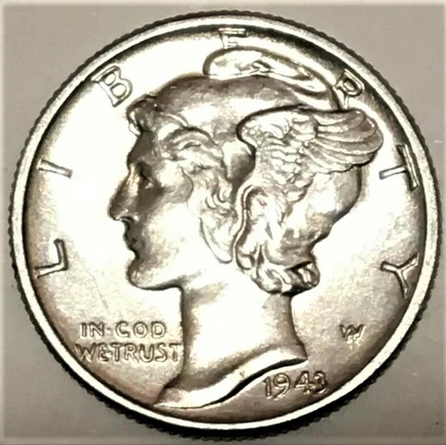 1943 P Mercury Dime Brilliant Uncirculated 90% Silver Coin Au / BU