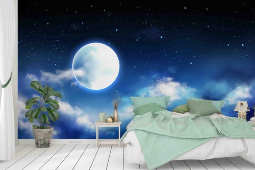 3D Mond Wolken Sternenhimmel Nacht Selbstklebend Abnehmbar Tapete Wandbild - Picture 2 of 11