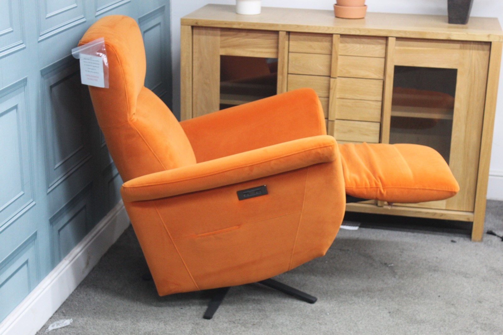 FURNITURE VILLAGE TV, ELECTRIC RECLINER & SWIVEL CHAIR IN ORANGE VELVET
