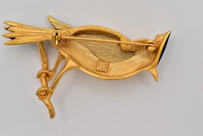 Vintage Blue Jay Bird Pin Brooch Brushed Gold W Designer Signed