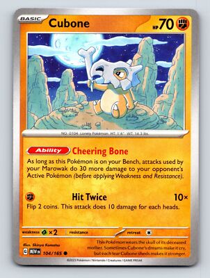 Basic Cubone HP 70 Cheering Bone Ability Hit Twice Attack Orange