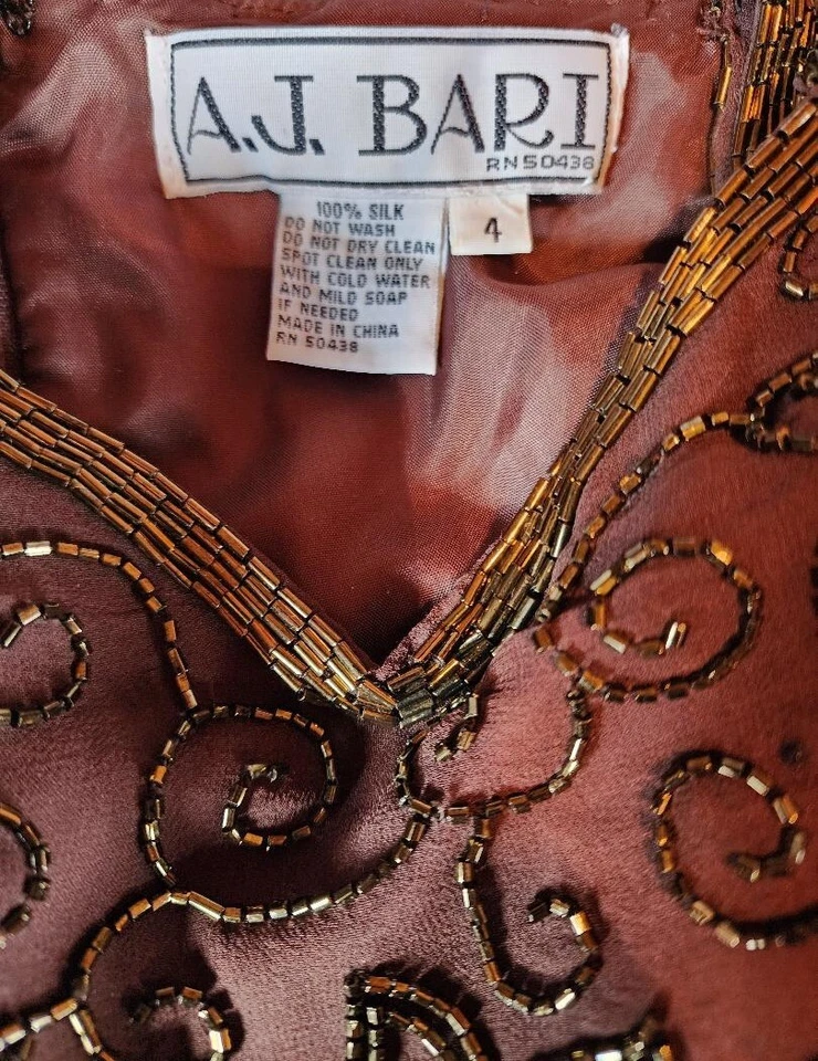 A.J. Vestido de baile Bari vintage anos 90 bronze frisado comprimento do chão seda 2 camadas trompete - Imagem 4 de 4