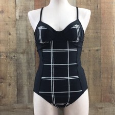 Athleta Black Windopane One Piece Swimsuit Womens 32B/C Tall Padded Swimwear