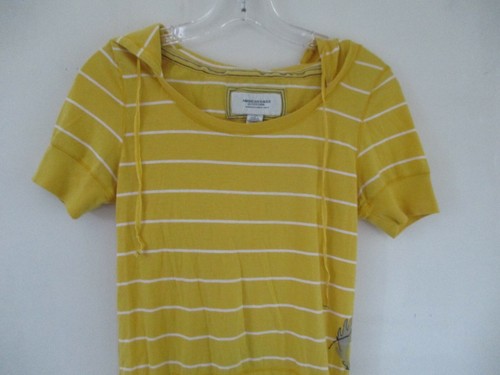 American Eagle Women's Small Cotton Short Sleeve Yellow Striped Hooded Blouse - Picture 6 of 12