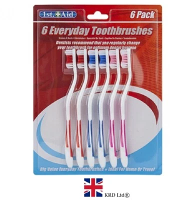 KRD LTD 6 Pcs TOOTHBRUSH PACK Multi Value Pack Everyday Toothbrushes Home Travel NEW UK