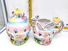 Vintage Bunny Creamer Pitcher and Sugar Bowl Set Easter Chicks & Egg Theme