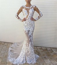 Sexy Mermaid Wedding Dresses Long Sleeves Scoop Neck Lace Appliques Bridal Gowns