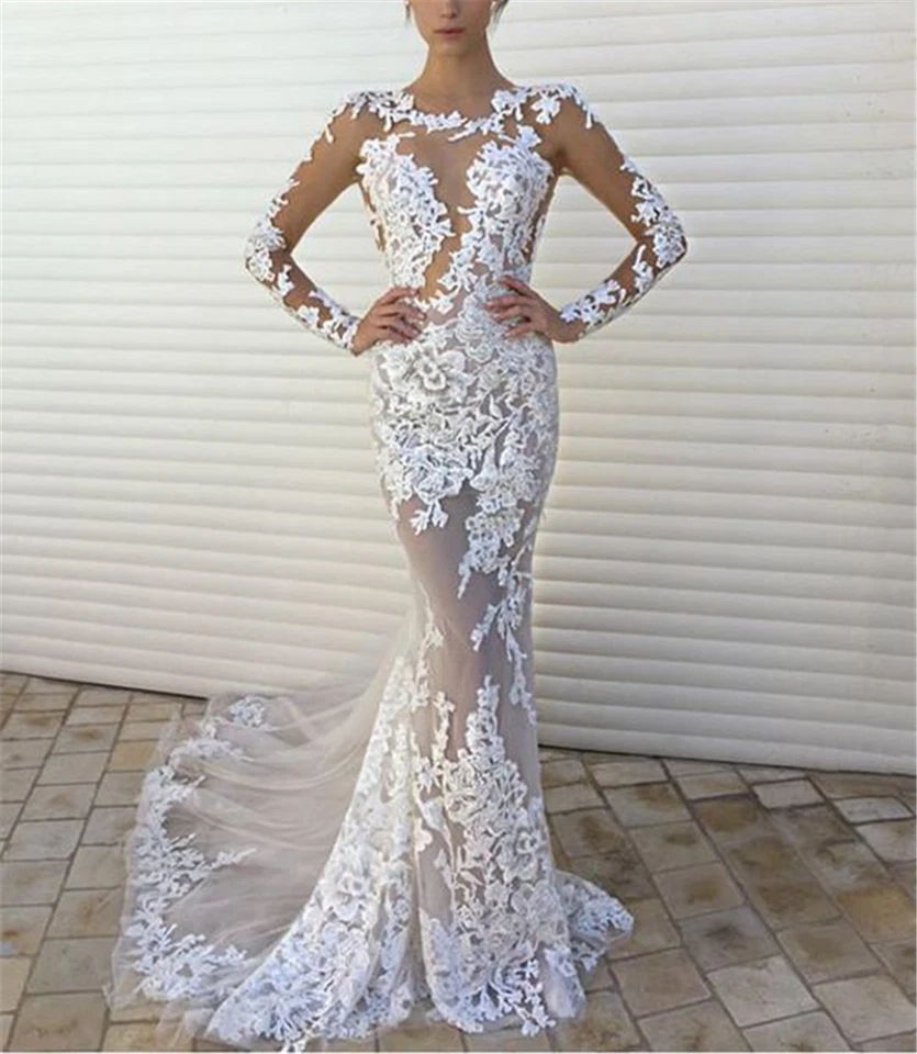 Sexy Mermaid Wedding Dresses Illusion Long Sleeves Lace Sweep Train Bridal Gowns - Image 2 of 4