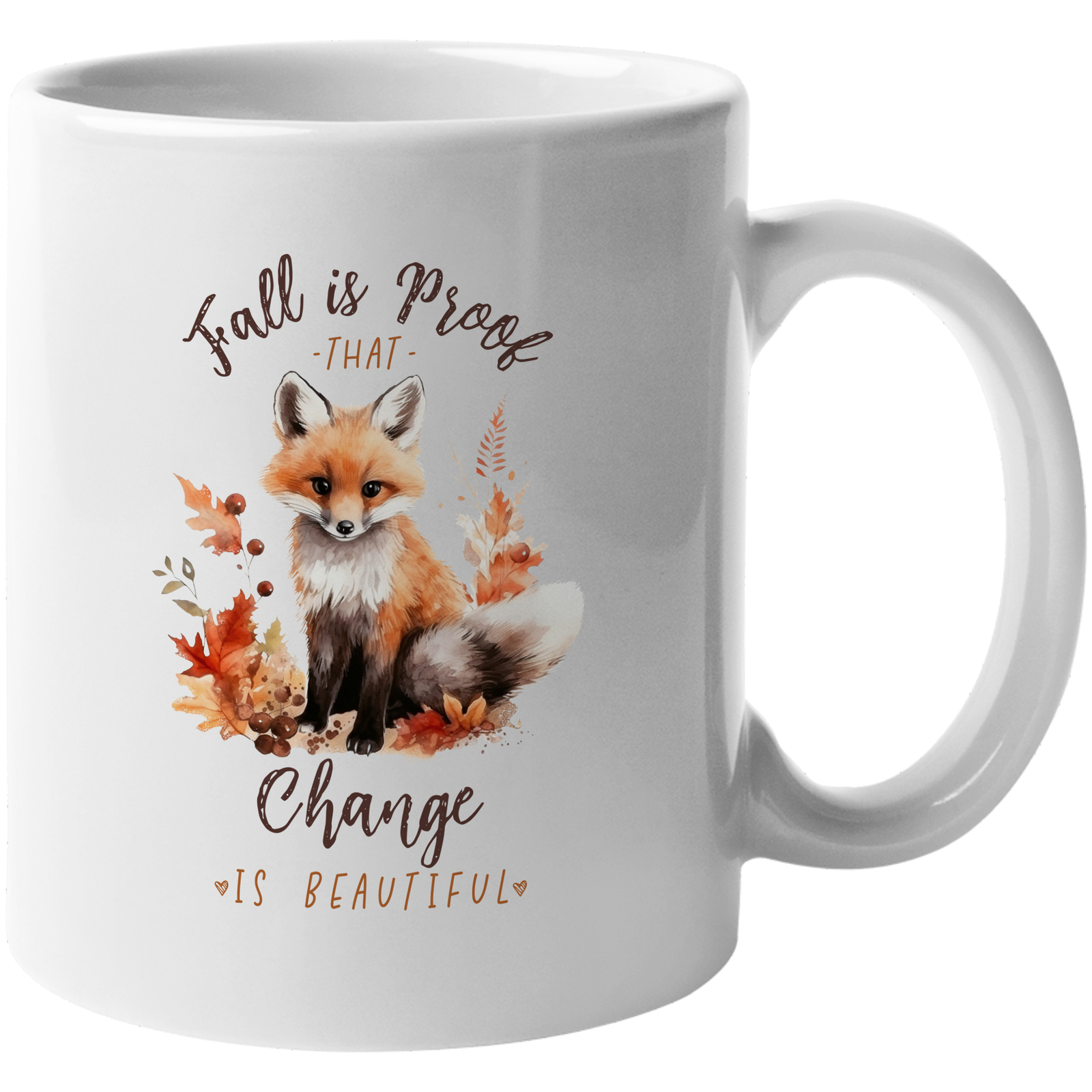 Coffee & Tea Mug with Watercolor Fox & Autumn Leaves Art, White
