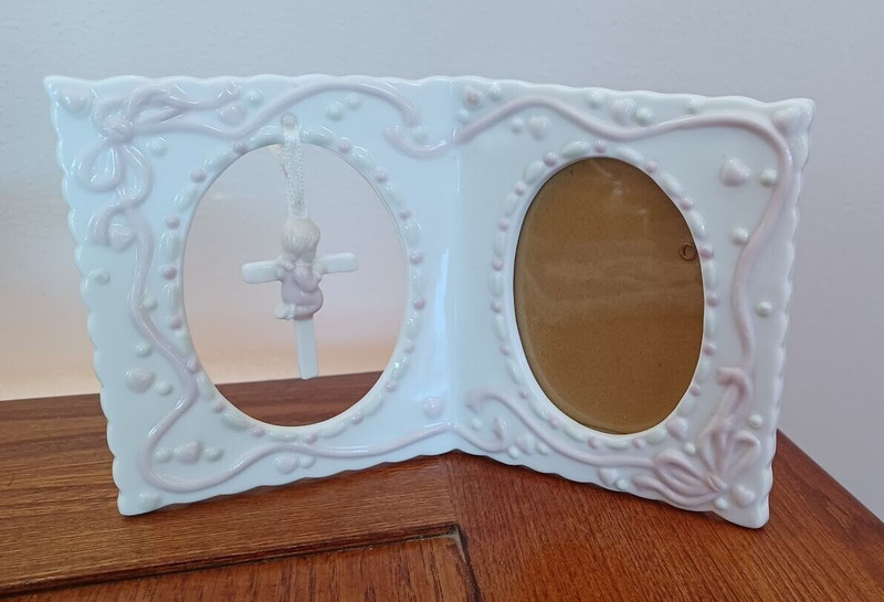 Roman Inc Porcelain Baby Frame Girl with Cross in Box #94209