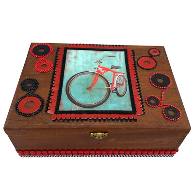 Steampunk Tramp Folk Art Wood Box Old Bicycle Gears Rhinestone Footed OOAK Vtg
