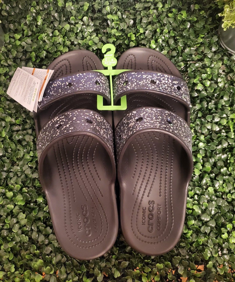 Crocs Classic Starry Glitter Sandals Double Strap Slides Black