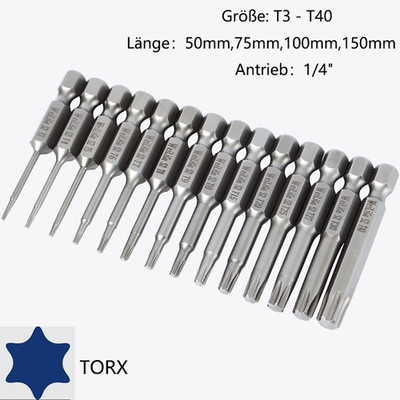 TX-Langbits Set für TORX-Schrauben (T3-T40)   1/4'', 50-150 mm Längen Bits