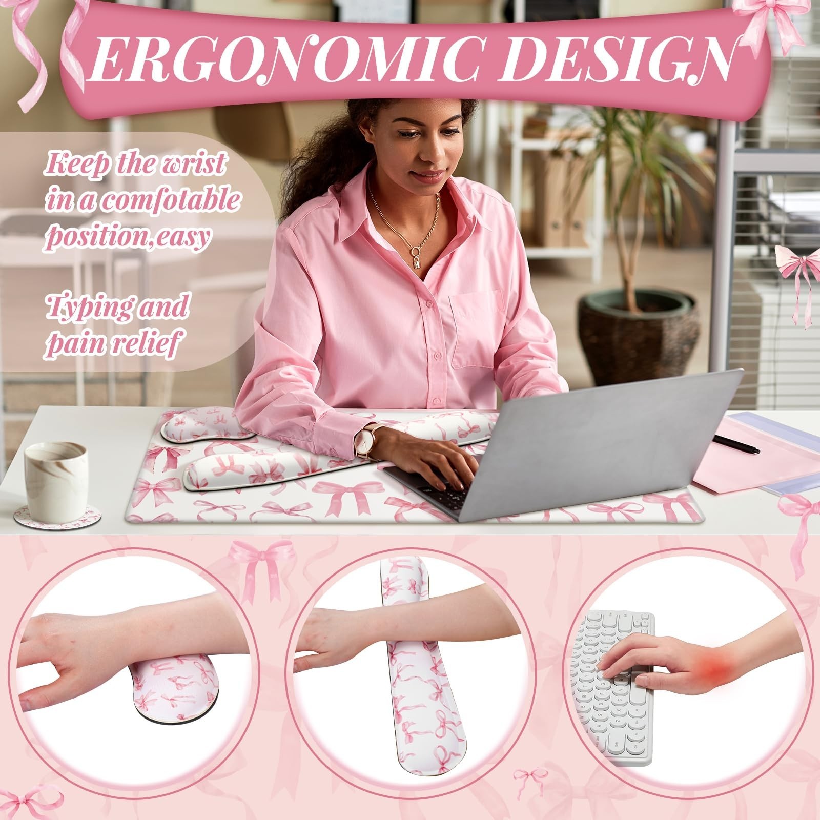 4 Pcs Pink Bow Keyboard Mat and Mouse Pad Set Coquette Desk Mat Bowknot Mouse...