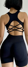 Women s Black 2-Piece Activewear Set Racerback Bra High-Waist Shorts Size S