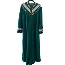 Vintage 80s Vassarette Teal Nightgown Housecoat Lace Trim Long Sleeves Size M