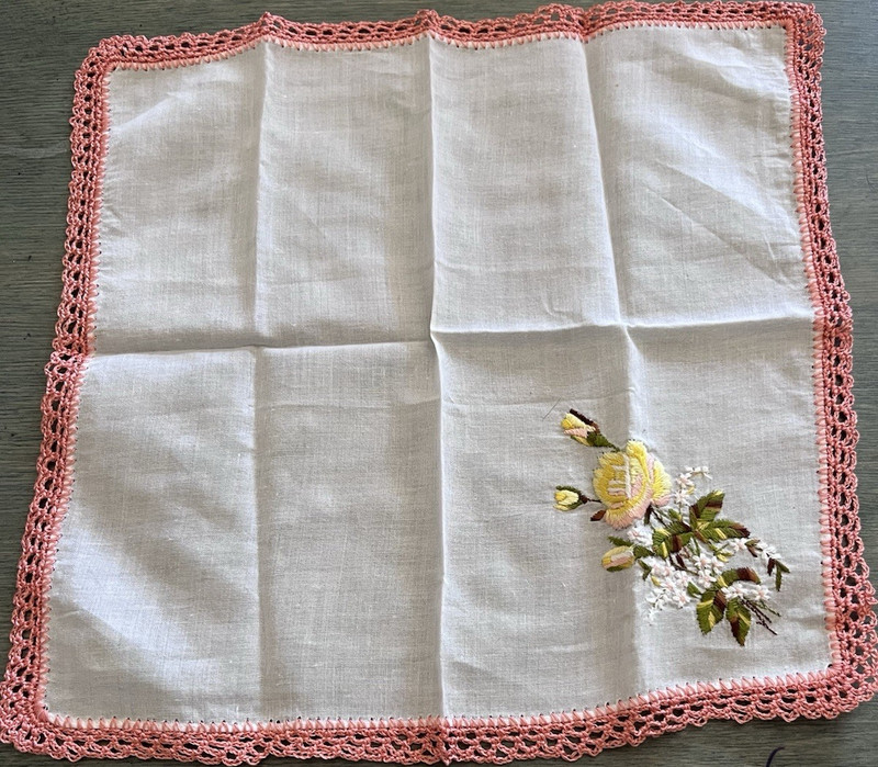 Lot of 5 White Cotton Handkerchiefs w/ Lace Trim & Pink Floral Embroidery