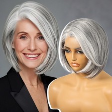 Short Bob Gray Wigs with Silver Highlight 100 Human Hair Lace Front Wigs