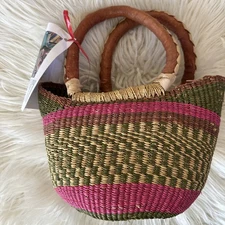 African Ghana Bolga Market Basket Purse Hand-Woven Vibrant Color Leather Handle