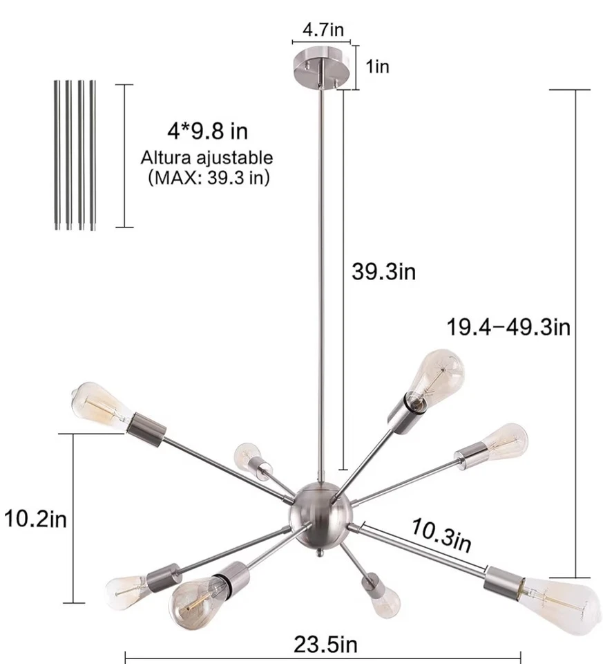 8 Lights Sputnik Chandelier Brushed Nickel Chandelier Mid Century Modern Silver - Image 3 of 3