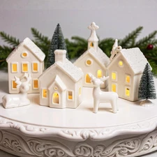 9-Piece Lighted Ceramic Christmas Village Set with Trees, Deer, and Santa
