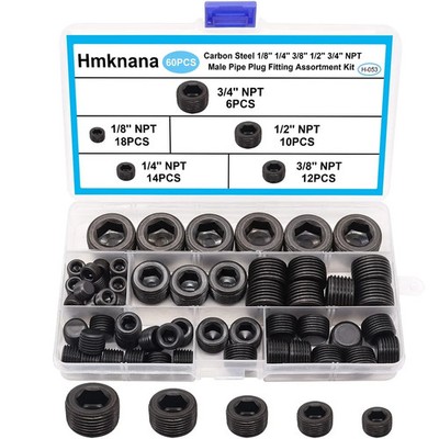 60Pcs Black Carbon Steel Pipe Plug Fitting Assortment Kit 5 Sizes 1/8 1/4 3/8 1/