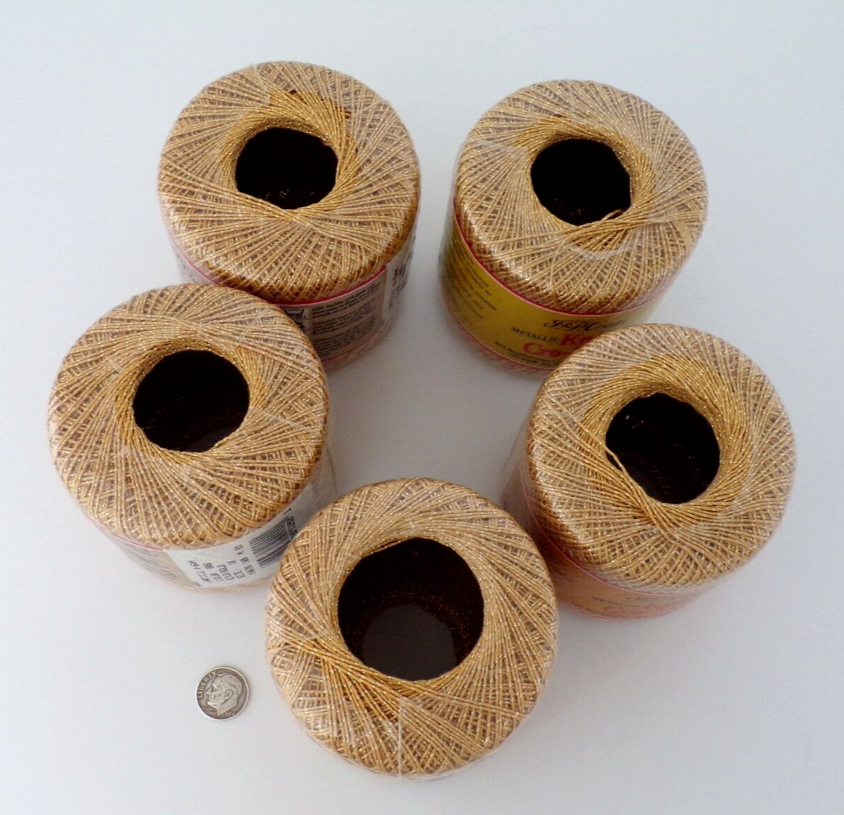 5 Rolls COATS Metallic Knit Cro Sheen CROCHET Thread NIP Gold / Gold 90G Size 10