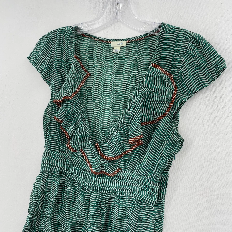 Anthropologie Odille Womens Silk Top Size 8 Green Ruffle V-Neck Peplum Boho - Image 3 of 4