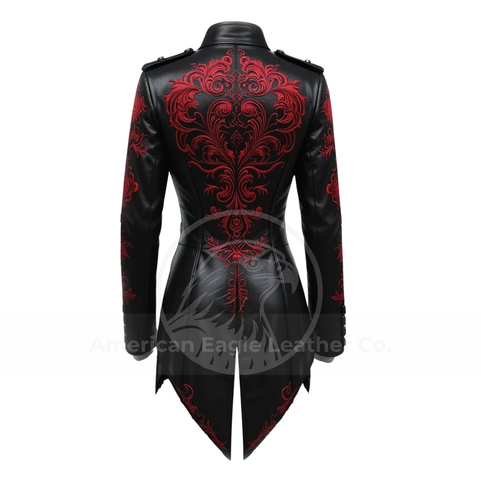 Chaqueta de Cuero Dragón Gótico Negro Rojo Bordado Steampunk Militar Punk Rock Foto 2 de 4