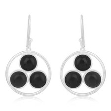 Three Black Onyx Gemstone Dangle Earring 925 Silver Round Handmade Earrings