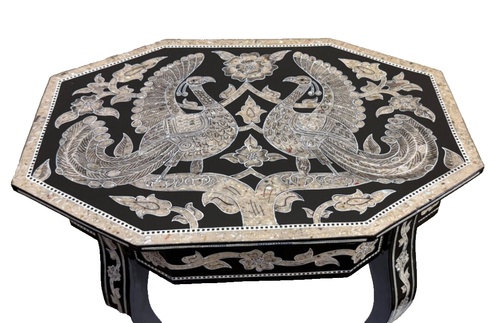 Handmade Wooden End Table Carving Wood Table Home Decor Mother of Pearl Inlay - Picture 17 of 22