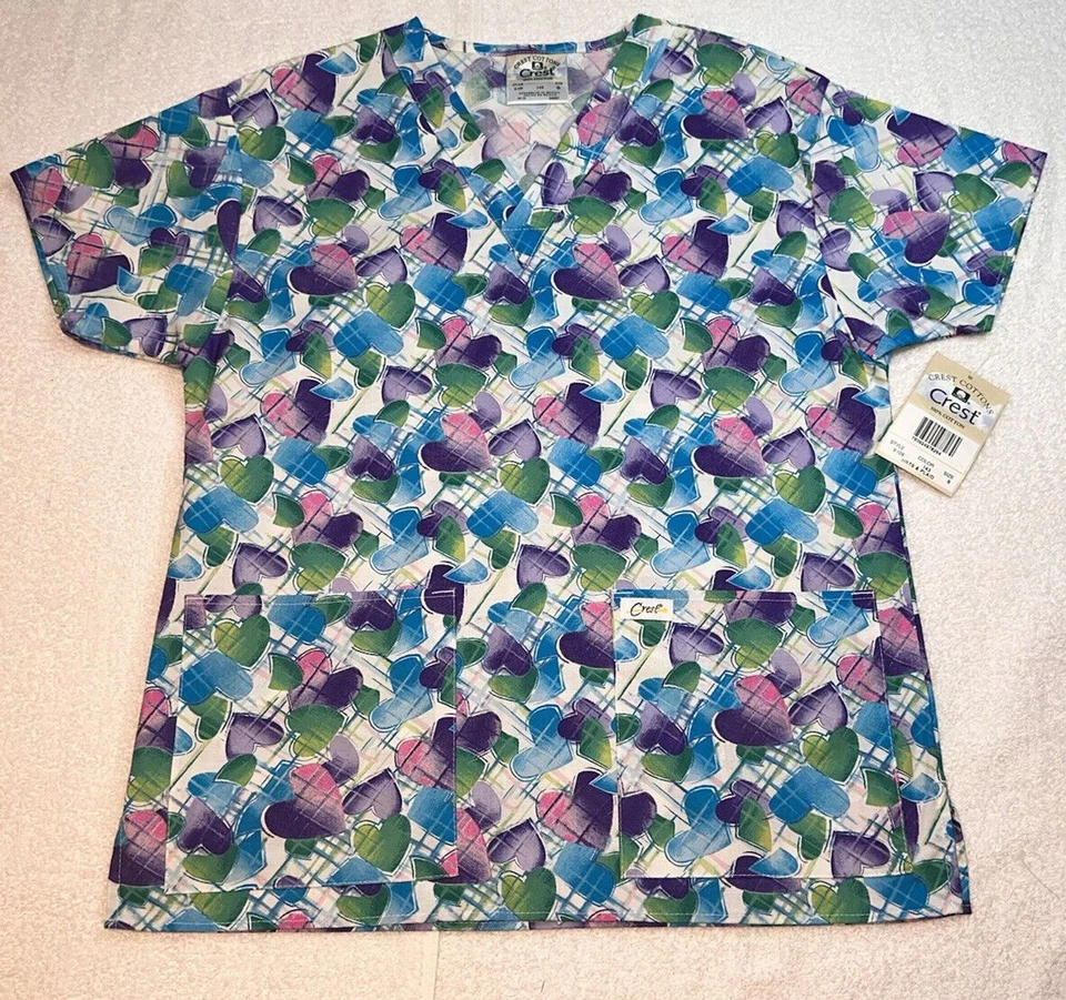 Crest Hearts & Plaid PASTEL PRINT SCRUB TOP SIZE Small New Blue Multi color - Image 2 of 4