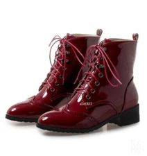 Womens Brogue Patent Leather Block Mid Heels Lace Up Ankle Boots Fashion Shoes