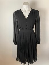Ann Taylor Black Accordion Pleat Long Sleeve Henley Dress 2 Excellent