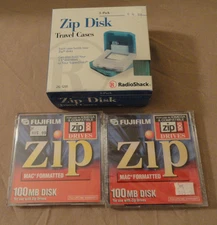 Two FujiFilm 100MB Mac Formatted Zip Disks + 3-Pack Zip Disk Travel Cases NEW