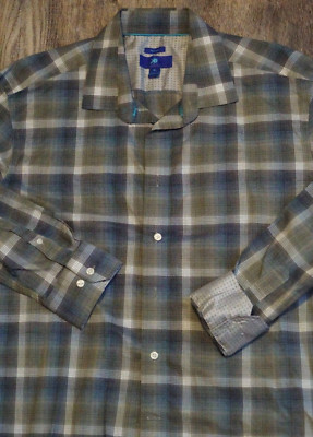 KO Egara Shirt Mens XL Gray Blue Plaid Long Sleeve Button Up Flip Cuff Non Iron+