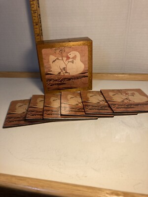 Vintage White Swan Coasters Set of 6 in the Wooden Box 