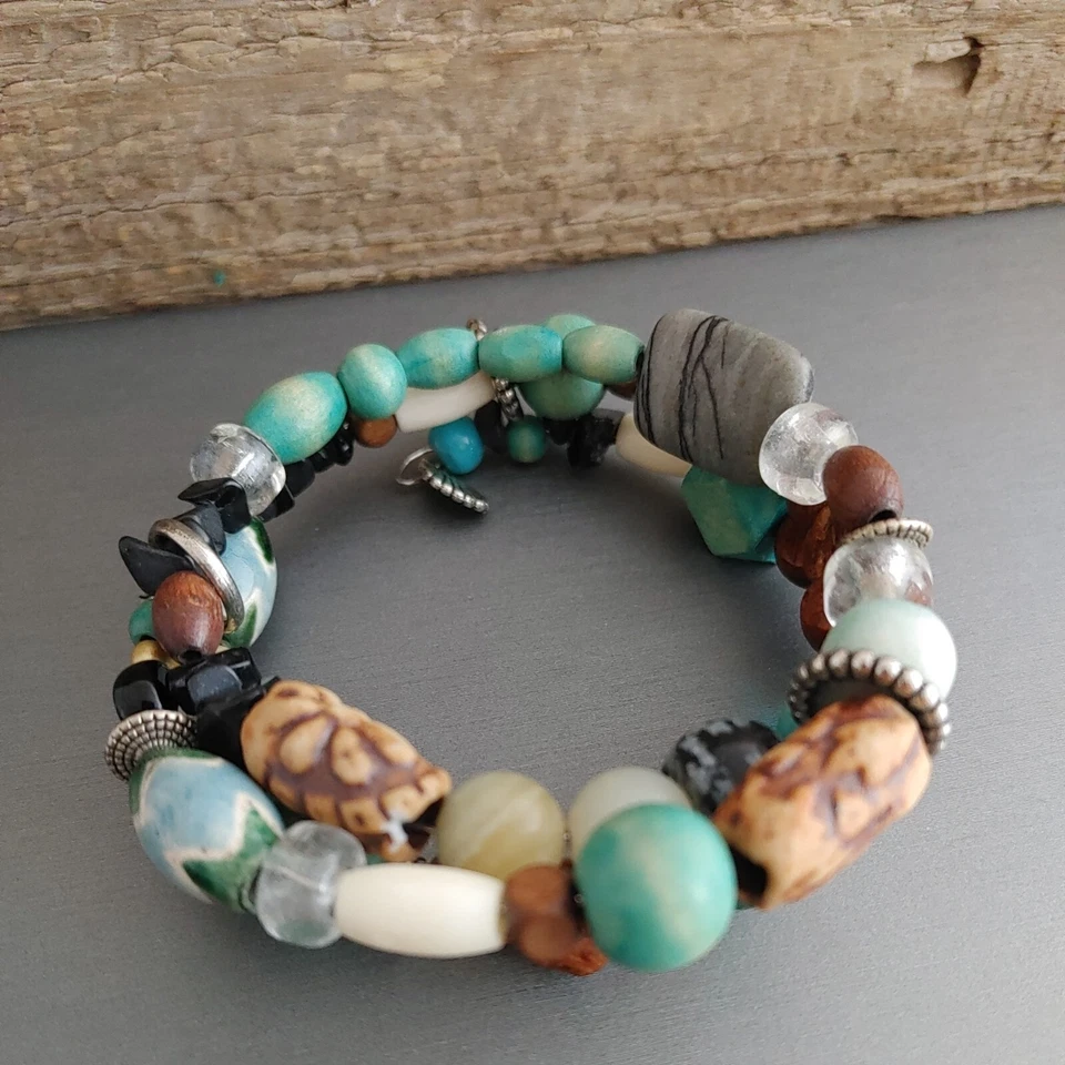 Beaded Bracelet Aqua Brown Boho Beach Wood Clay Stone Shell Charms Aqua Brown - Image 4 of 4