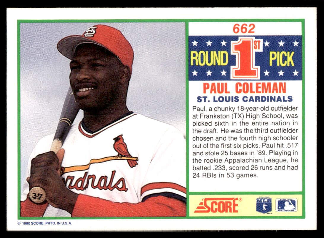 1990 Score #662 Paul Coleman – Cardinals (RC) | eBay